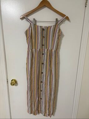 Pink Rose Yellow Striped Button-Front Sundress